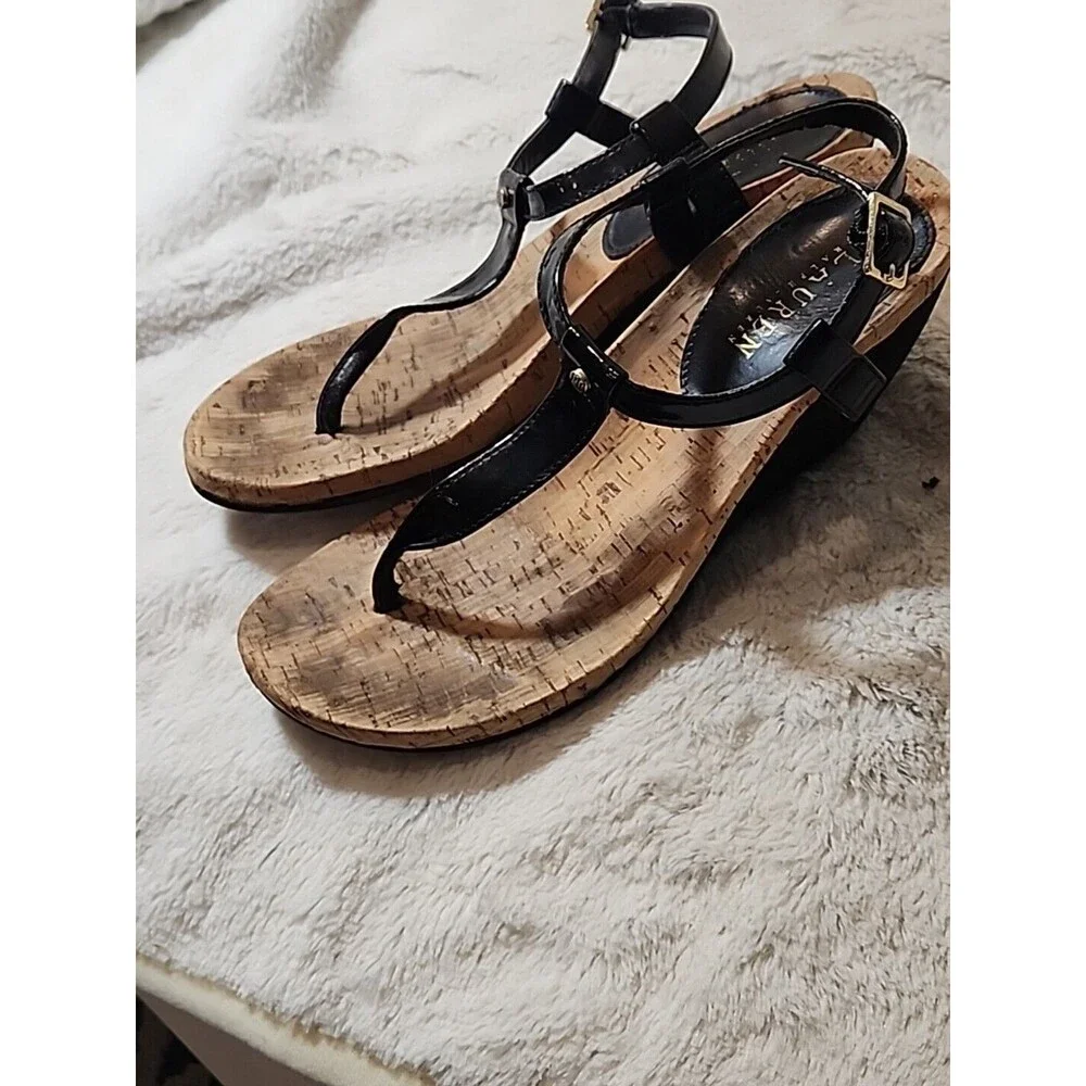 Lauren Ralph Lauren LRL Leather T strap Thong Wedge Rosalia Sandals Womens‎ 8 B